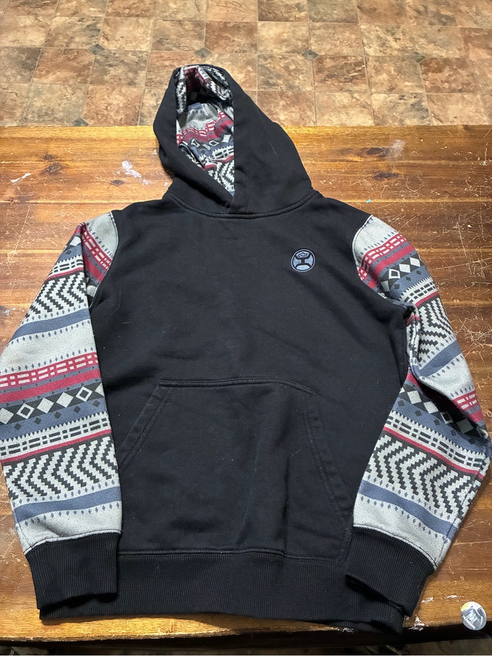 Hooey Black Hoodie with Gray and Red Aztec Sleeves